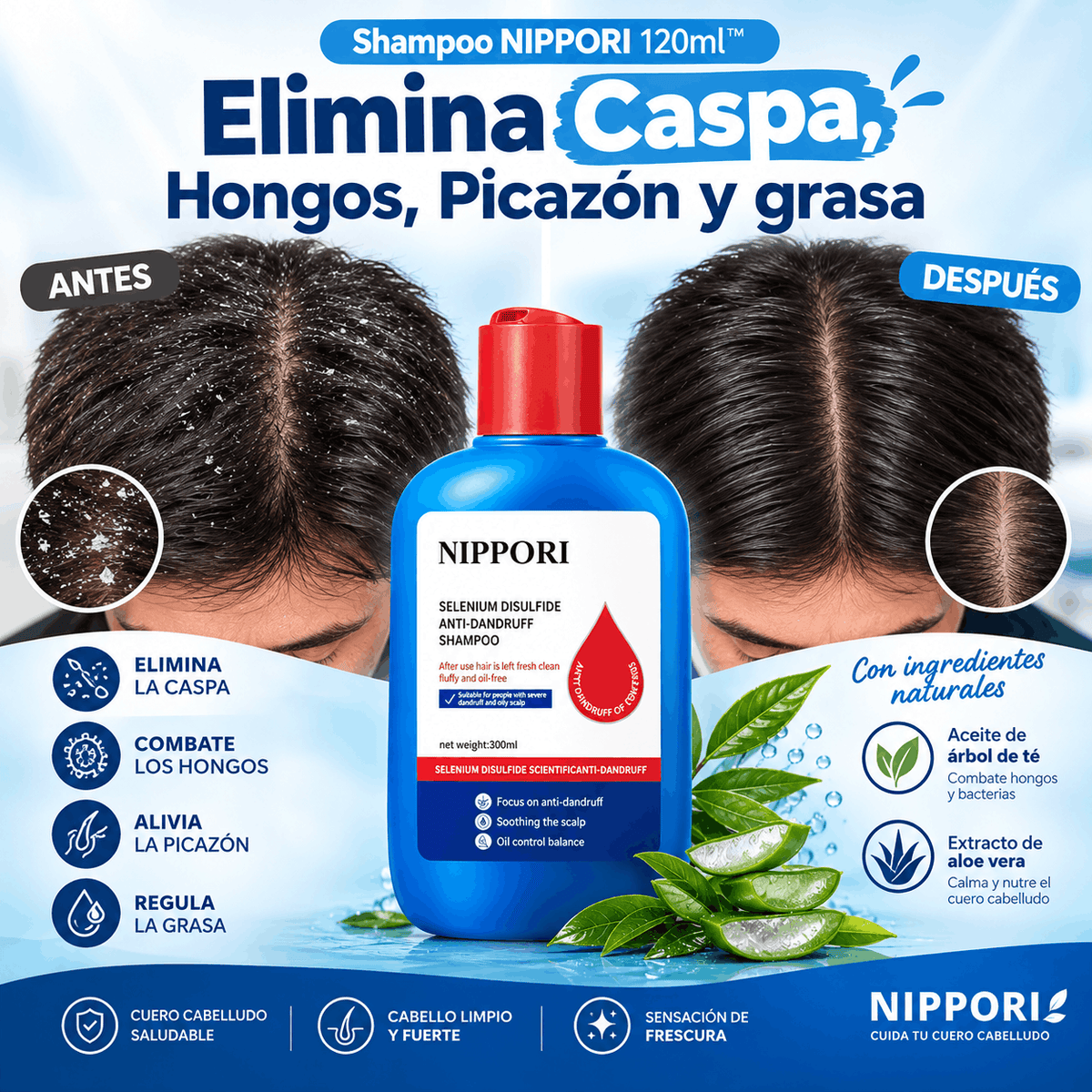 Shampoo NIPPORI 120ml™ | Elimina Caspa, Hongos, Picazón y grasa